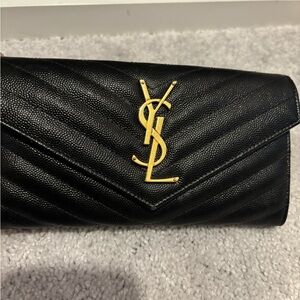 Yves Saint Laurent Black Chevron Clutch with Gold Logo